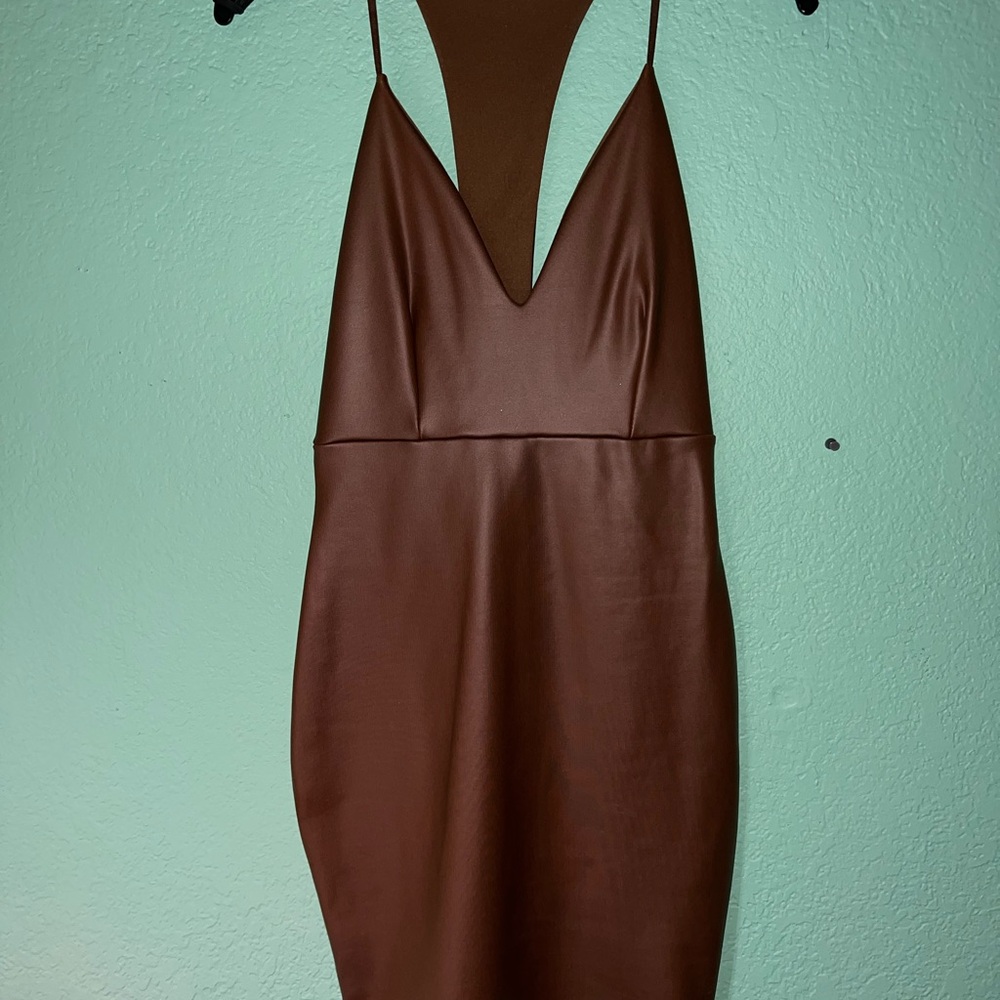 Chocolate Brown Faux-Leather Slip Dress